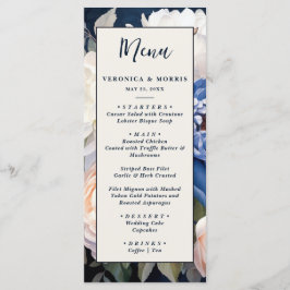 Navy Blue & Dusty Blush Roze Bloemen Huwelijk Menu