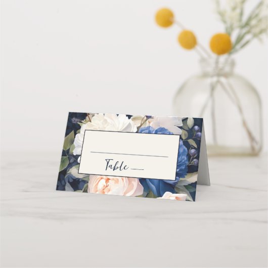 Navy Blue & Dusty Blush Roze Bloemen Huwelijk Plaatskaartje (Voorkant)