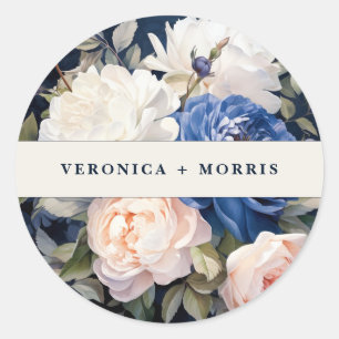 Navy Blue & Dusty Blush Roze Bloemen Huwelijk Ronde Sticker
