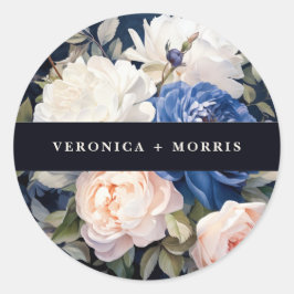 Navy Blue & Dusty Blush Roze Bloemen Huwelijk Ronde Sticker