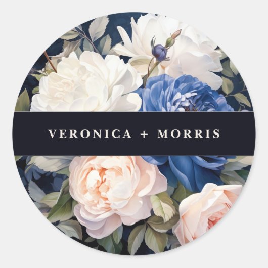 Navy Blue & Dusty Blush Roze Bloemen Huwelijk Ronde Sticker (Voorkant)