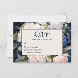 Navy Blue & Dusty Blush Roze Bloemen Huwelijk RSVP Kaartje
