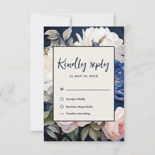 Navy Blue & Dusty Blush Roze Bloemen Huwelijk RSVP Kaartje (Voorkant)