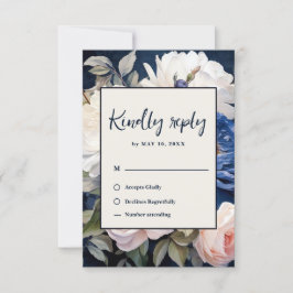 Navy Blue & Dusty Blush Roze Bloemen Huwelijk RSVP Kaartje