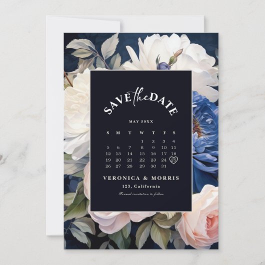 Navy Blue & Dusty Blush Roze Bloemen Huwelijk Save The Date (Voorkant)