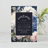 Navy Blue & Dusty Blush Roze Bloemen Huwelijk Save The Date (Staand voorkant)