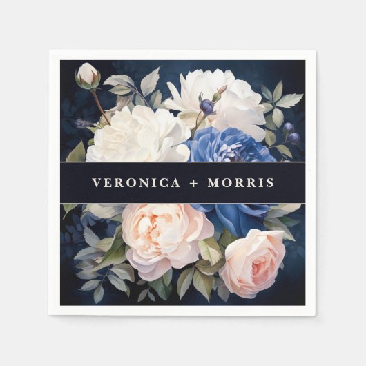 Navy Blue & Dusty Blush Roze Bloemen Huwelijk Servet (Voorkant)