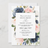 Navy Blue Dusty Floral Budget QR Code Wedding Kaart (Voorkant)
