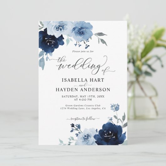 Navy Blue Dusty Floral Light in één QR Weddenschap Kaart (Staand voorkant)