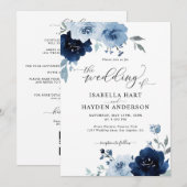 Navy Blue Dusty Floral Light in één QR Weddenschap Kaart (Voorkant / Achterkant)