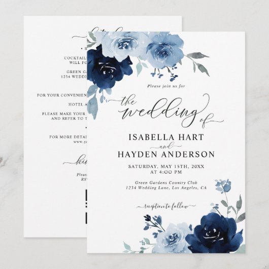 Navy Blue Dusty Floral Light in één QR Weddenschap Kaart (Voorkant / Achterkant)