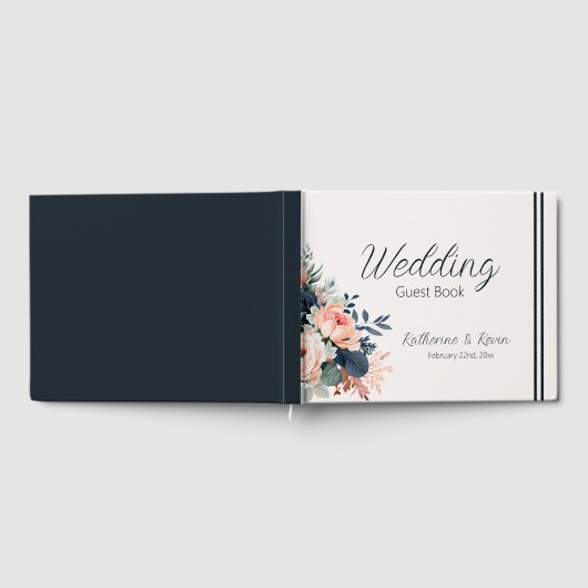Navy Blue Dusty Roos Bloemenbruiloft Gastenboek (Volledig)