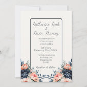 Navy Blue Dusty Roos Bloemenbruiloft Kaart (Voorkant)