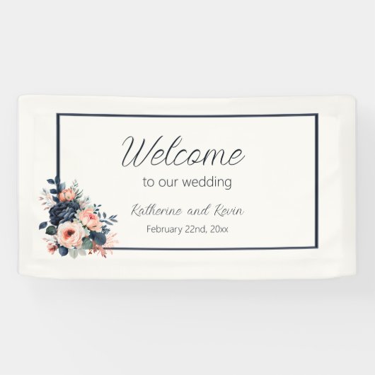 Navy Blue Dusty Roos Bloemenbruiloft Spandoek (Horizontaal)