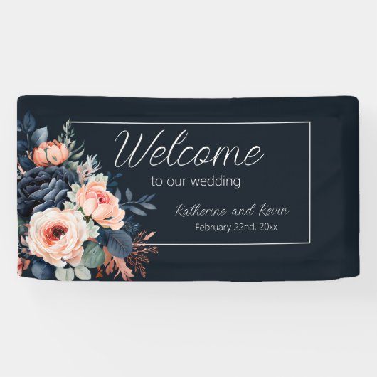 Navy Blue Dusty Roos Bloemenbruiloft Spandoek (Horizontaal)