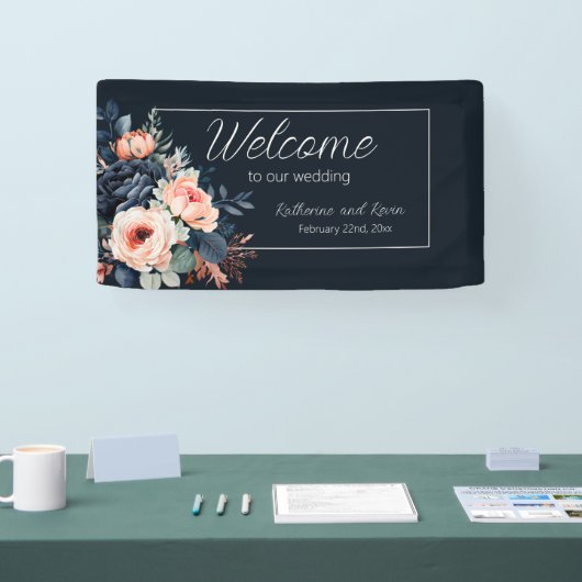 Navy Blue Dusty Roos Bloemenbruiloft Spandoek (Beurs)