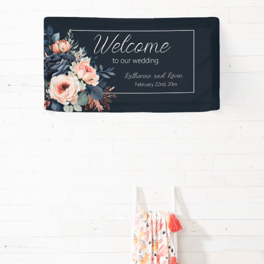 Navy Blue Dusty Roos Bloemenbruiloft Spandoek (Insitu)