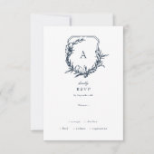 Navy Blue Dusty Roos  bloemmonogram crest RSVP Kaartje (Voorkant)
