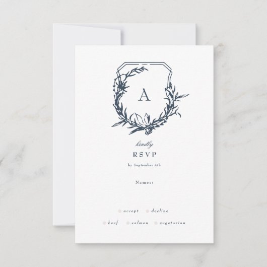 Navy Blue Dusty Roos  bloemmonogram crest RSVP Kaartje (Voorkant)