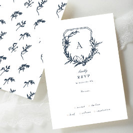 Navy Blue Dusty Roos  bloemmonogram crest RSVP Kaartje