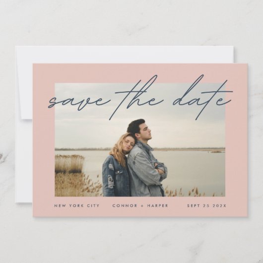 Navy Blue Dusty Roos Elegant Border Foto Save The Date (Voorkant)