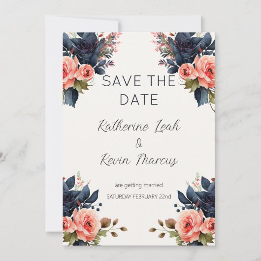Navy Blue Dusty Roos Floral Save the Date Bruiloft Kaart (Voorkant)