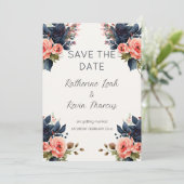 Navy Blue Dusty Roos Floral Save the Date Bruiloft Kaart (Staand voorkant)
