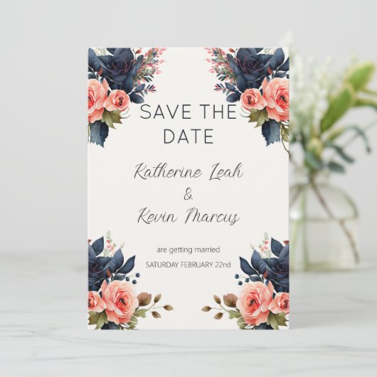 Navy Blue Dusty Roos Floral Save the Date Bruiloft Kaart (Staand voorkant)