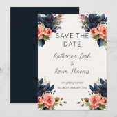Navy Blue Dusty Roos Floral Save the Date Bruiloft Kaart (Voorkant / Achterkant)