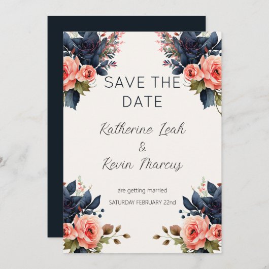 Navy Blue Dusty Roos Floral Save the Date Bruiloft Kaart (Voorkant / Achterkant)