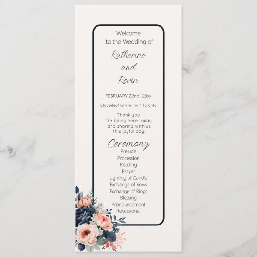 Navy Blue Dusty Roos Floral Wedding Flat Programma Programmakaart (Voorkant)