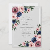 Navy Blue Dusty Rose Polished Floral Wedding Kaart (Voorkant)