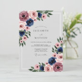 Navy Blue Dusty Rose Polished Floral Wedding Kaart (Staand voorkant)