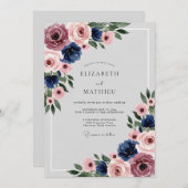 Navy Blue Dusty Rose Polished Floral Wedding Kaart (Voorkant / Achterkant)