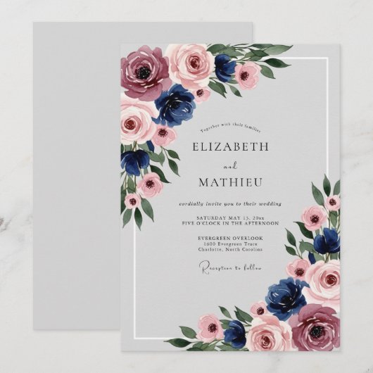 Navy Blue Dusty Rose Polished Floral Wedding Kaart (Voorkant / Achterkant)
