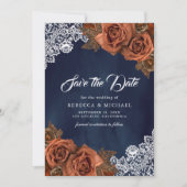 Navy Blue Dusty Terracotta Roos Trouwfoto Save The Date (Voorkant)