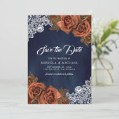 Navy Blue Dusty Terracotta Roos Trouwfoto Save The Date (Staand voorkant)