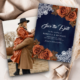 Navy Blue Dusty Terracotta Roos Trouwfoto Save The Date