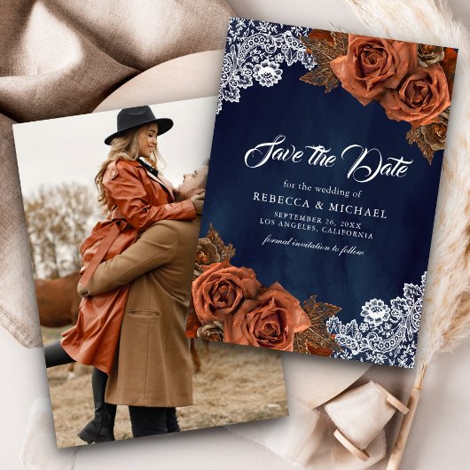 Navy Blue Dusty Terracotta Roos Trouwfoto Save The Date