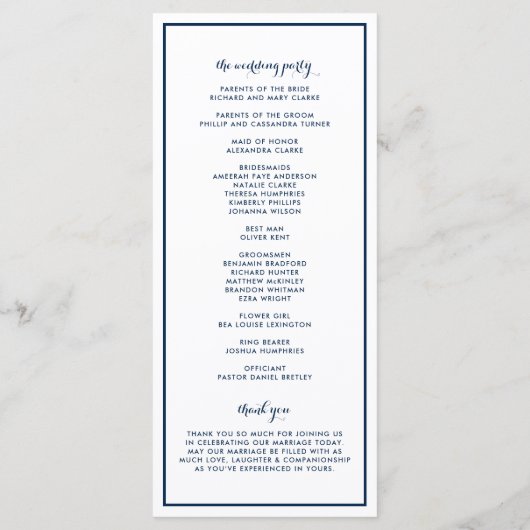 Navy Blue Eat Drink en huwelijkshuwelijk Programmakaart (Achterkant)