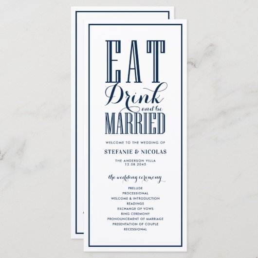 Navy Blue Eat Drink en huwelijkshuwelijk Programmakaart (Voorkant / Achterkant)