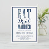 Navy Blue Eat, Drink en trouwen bruiloft Kaart (Staand voorkant)