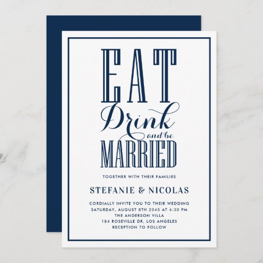Navy Blue Eat, Drink en trouwen bruiloft Kaart (Voorkant / Achterkant)