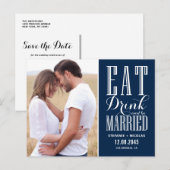 Navy Blue Eat, Drink en trouwen Save the Date Aankondigingskaart (Voorkant / Achterkant)