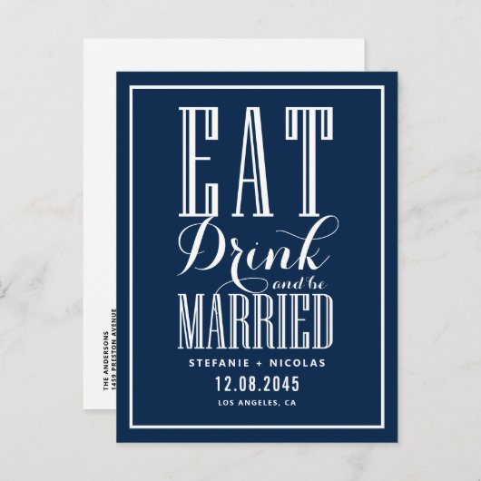 Navy Blue Eat, Drink en trouwen Save the Date Aankondigingskaart (Voorkant / Achterkant)