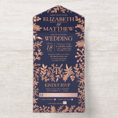 Navy Blue & Echt Roos Goudfolie Bloemen Huwelijk All In One Uitnodiging (Binnenkant)