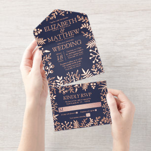 Navy Blue & Echt Roos Goudfolie Bloemen Huwelijk All In One Uitnodiging
