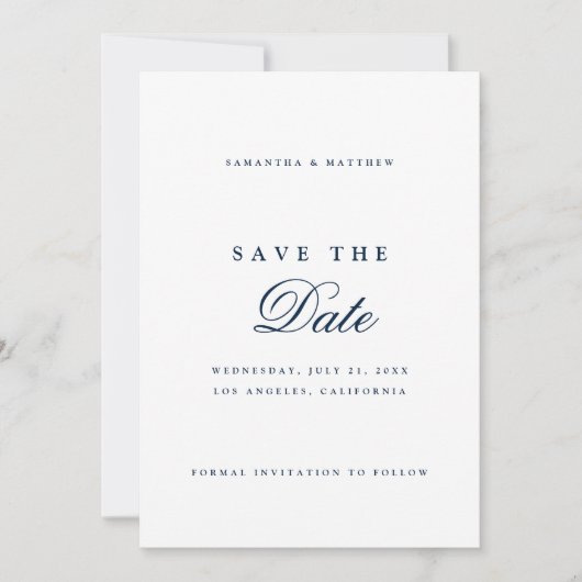 Navy Blue Eenvoudig Elegant Script Save The Date (Voorkant)