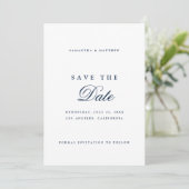 Navy Blue Eenvoudig Elegant Script Save The Date (Staand voorkant)