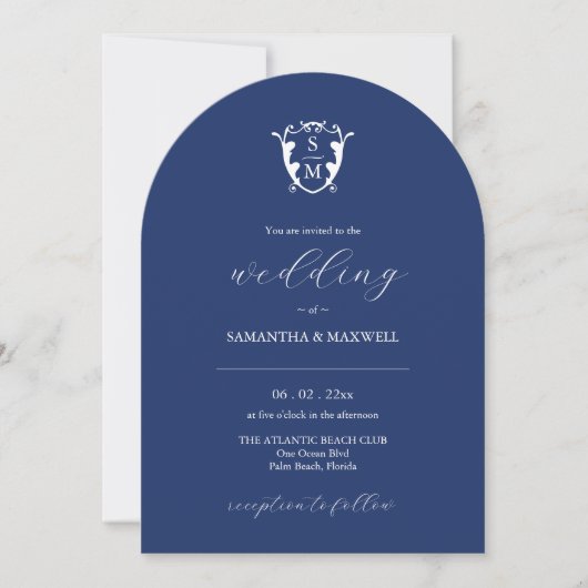 Navy Blue Eenvoudige Monogrammed Huwelijksuitnodig Kaart (Voorkant)
